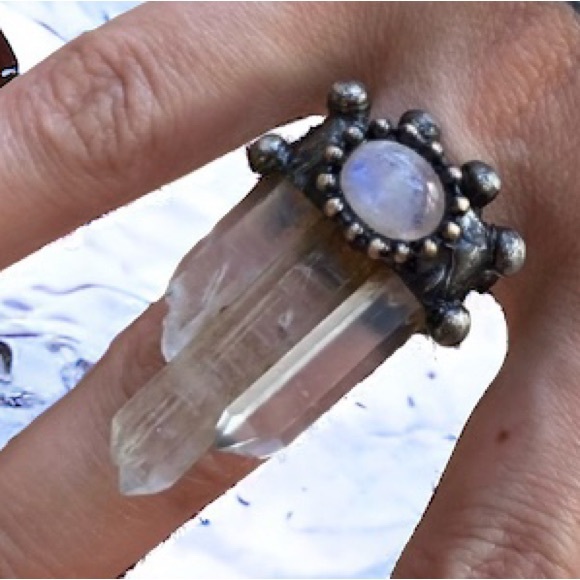 Natural iridescent flash moonstone gem triple crystal quartz adjustable ring - Picture 10 of 16